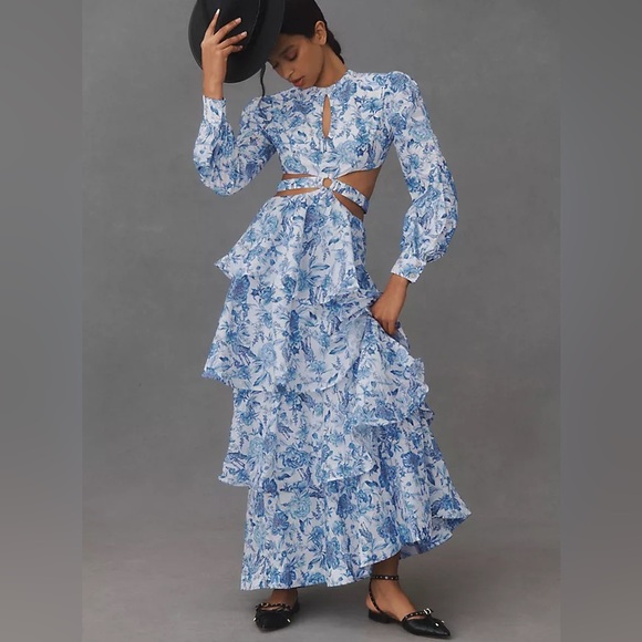 Anthropologie Dresses & Skirts - Aqua blue azalea Thelma long sleeve cut out tiered maxi dress